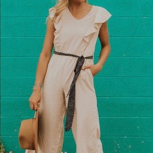 Cream Jumpsuit with Belted Waist